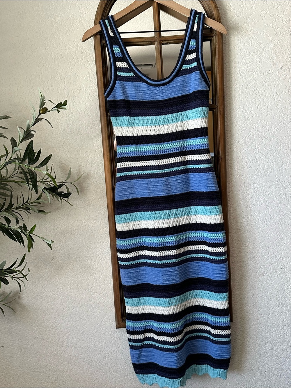 Haute Hippie Style Striped Crochet Knit Sweater Dress Blue Sleeveless Size Small